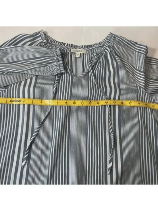 Como Blu Navy White Striped Tie Neck Peasant Blouse Top Womens Medium M - Picture 3 of 5